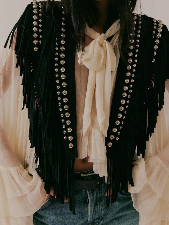 Jackets & Blazers - Black Casual Women's Fringe Studded Puff Sleeve Loose Fit Shawl Jacket Cardigan